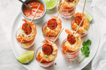 Shrimp and Chorizo Appetizers with Roasted Pepper Soup — These punchy and flavorful skewers are perfect as a party appetizer.
