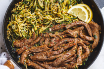 One-Pan Steak and Zucchini Noodles — Delicious juicy marinated steak and zucchini noodles, so much flavor and nearly IMPOSSIBLE to mess up!