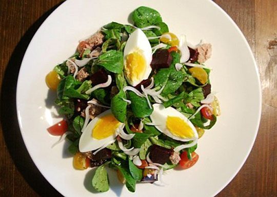 Mache Salad with Beets, Eggs,Tuna and Cherry Tomatoes