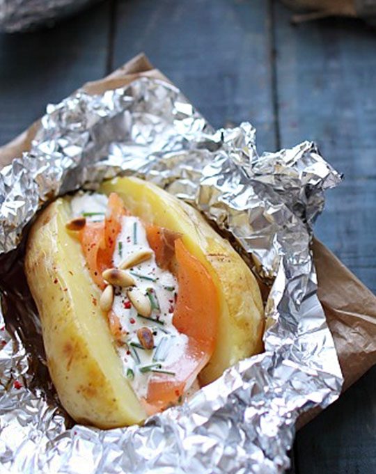 Baked Potatoes in Foil with Smoked Salmon