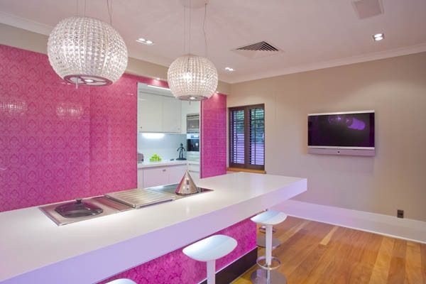 pink wallpaper for kitchen pics