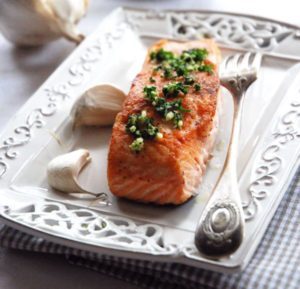 Dinner Pan Fried Salmon with Fresh Herbs Yogurt Sauce