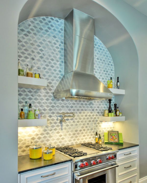 Kitchen open shelves with backsplash picture
