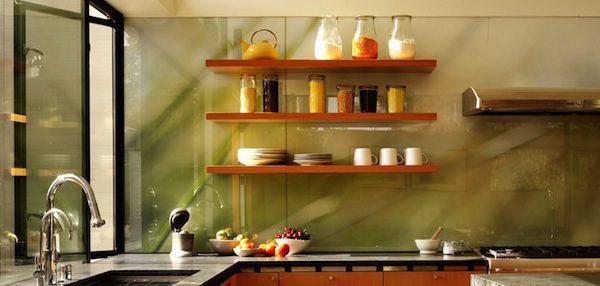 floating wood shelving glass backsplash