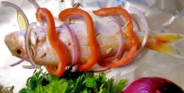 Red Mullet Baked in Foil with Red Pepper + Fennel