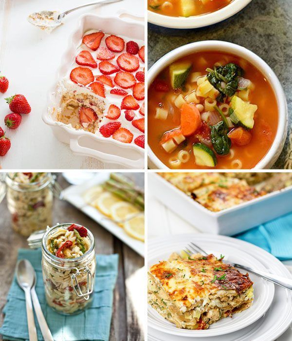 Spring Orzo Pasta Salad, Cheesy Chicken and Artichoke, Strawberry tiramisu, Minestrone Soup