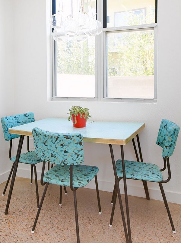 blue patterned dining chairs