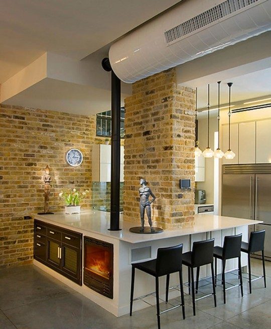 exposed brick kitchen