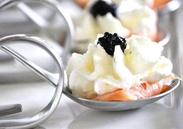 Appetizer Spoons with Smoked Salmon, Heavy Cream and Lumpfish Eggs
