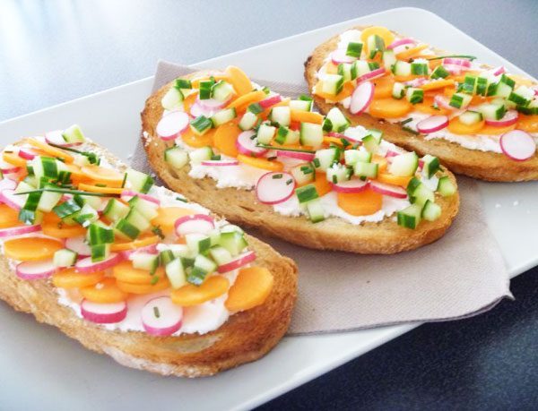 Bruschetta Toasted Bread with Cream Cheese and Crunchy Vegetables