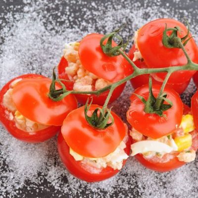 Corn, Cheese & Shrimp Salad In Tomato Cups