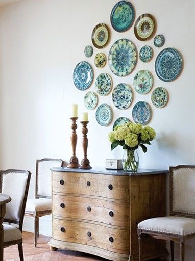 blue green plates wall decor