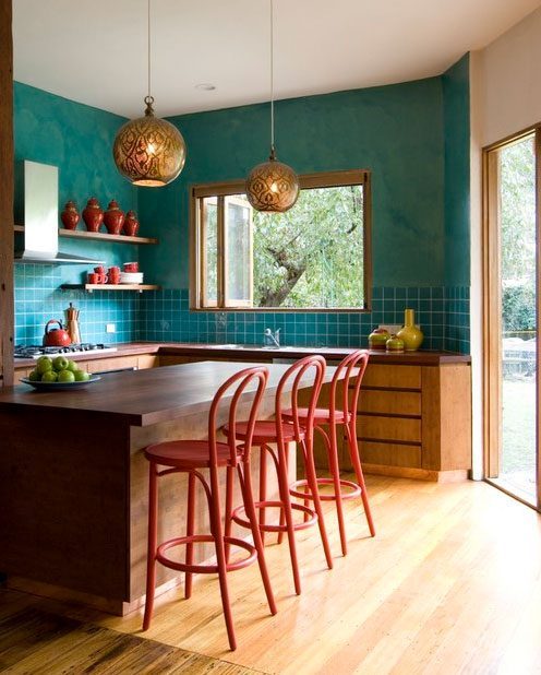 teal red kitchen color scheme