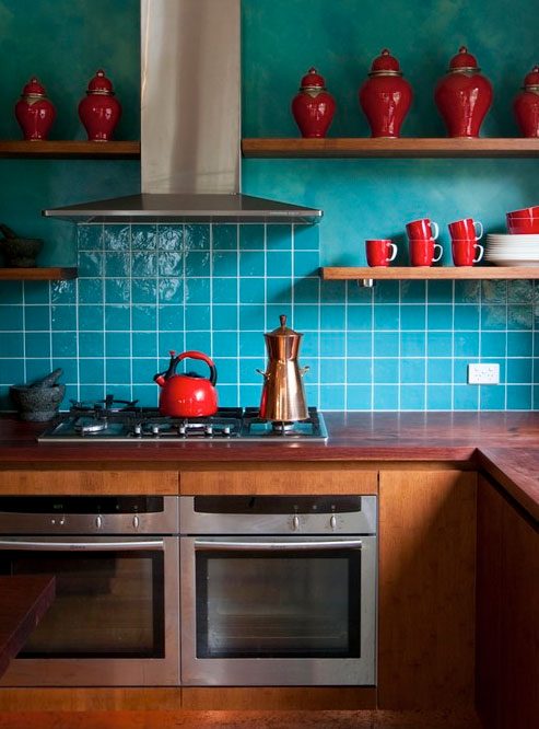 teal red kitchen decor