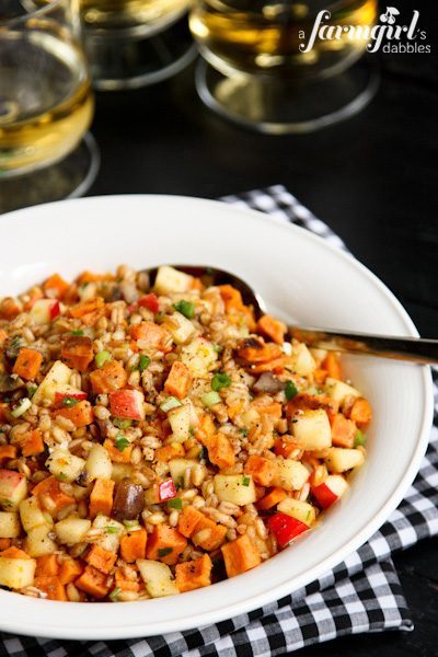 Farro and Spiced Honey Salad with Sweet Potatoes, Apples, and Ch