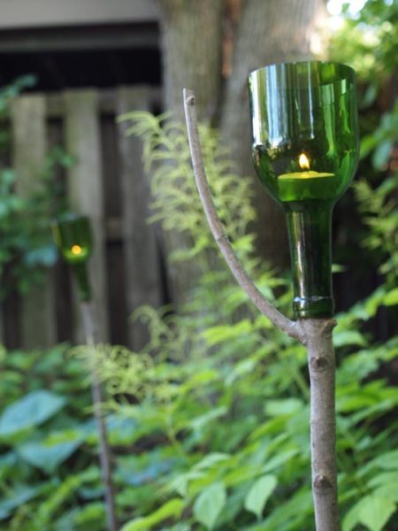 garden decor with wine bottles