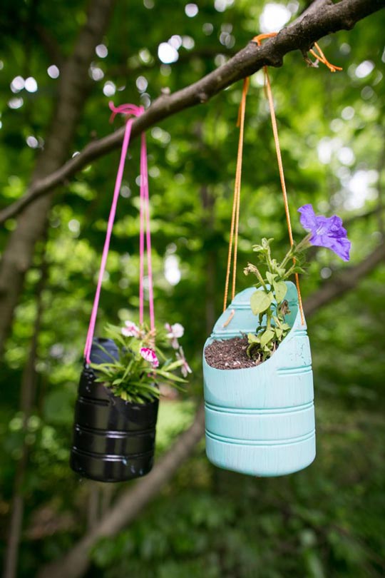 recycled hanging planter with plastic bottles