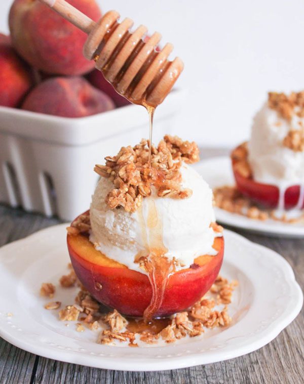 Grilled Peach Crisp Sundaes with Cinnamon Honey Drizzle