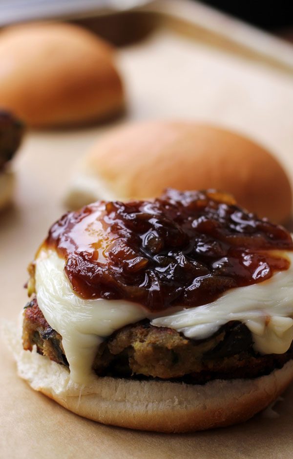 eggplant burgers with honey beer glazed caramelized shallots