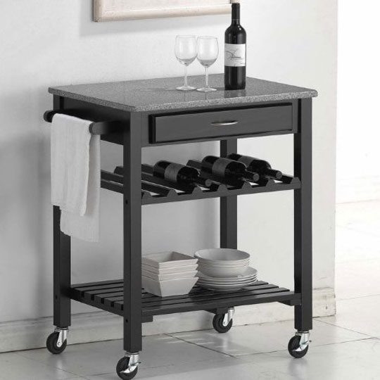 Black Wheeled Modern Kitchen Cart with Granite Top