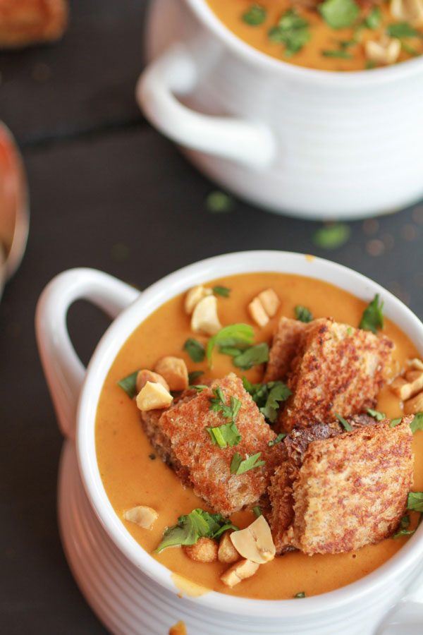 Sweet Potato Peanut Soup with Peanut Butter Croutons