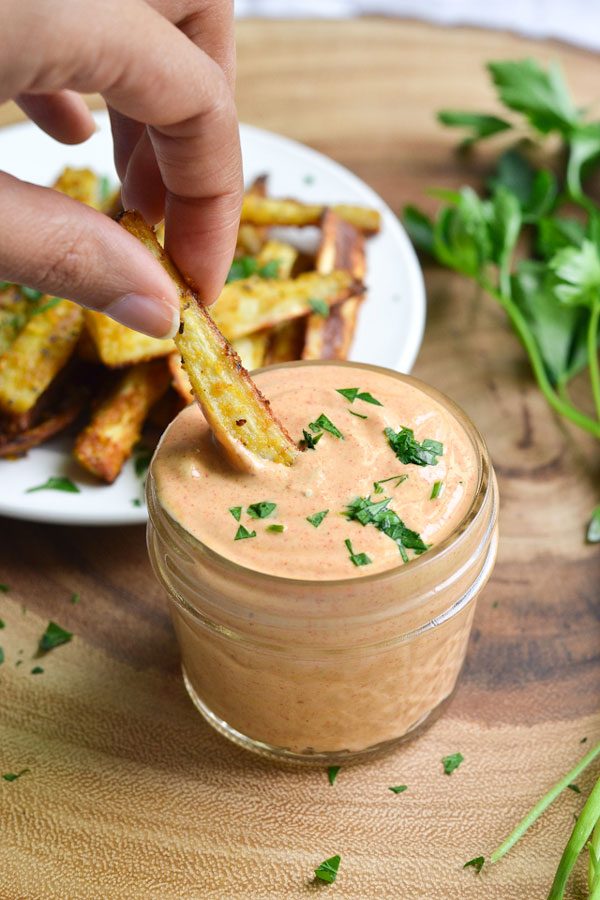 parsnip fries with smoky tahini sauce