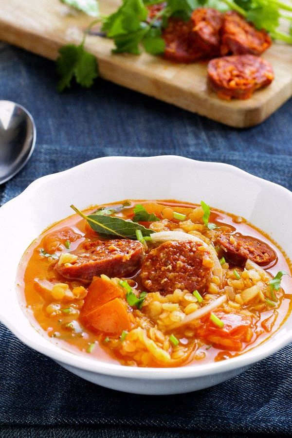 Spicy Tomato Chorizo Red Lentil Soup - #recipe by #eatwell101 - https://www.eatwell101.com/spicy-tomato-red-lentil-soup-recipe