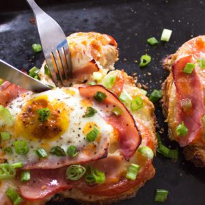Sheet Pan Breakfast Toast with eggs, Ham, Tomato and Mozzarella
