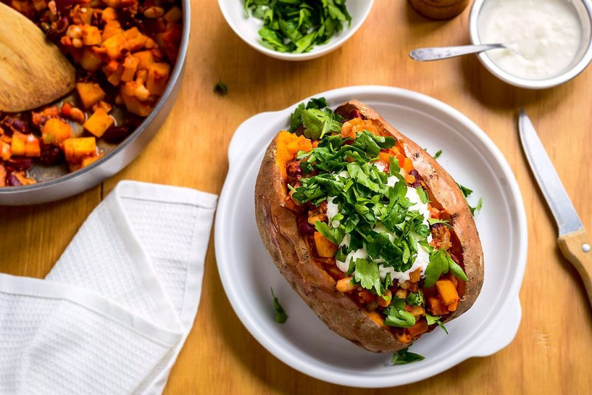 Stuffed Sweet Potato With Vegetable Chili