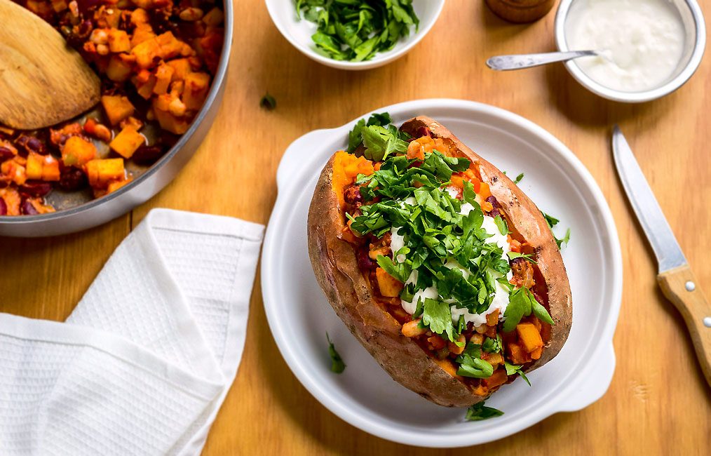 Stuffed Sweet Potato With Vegetable Chili