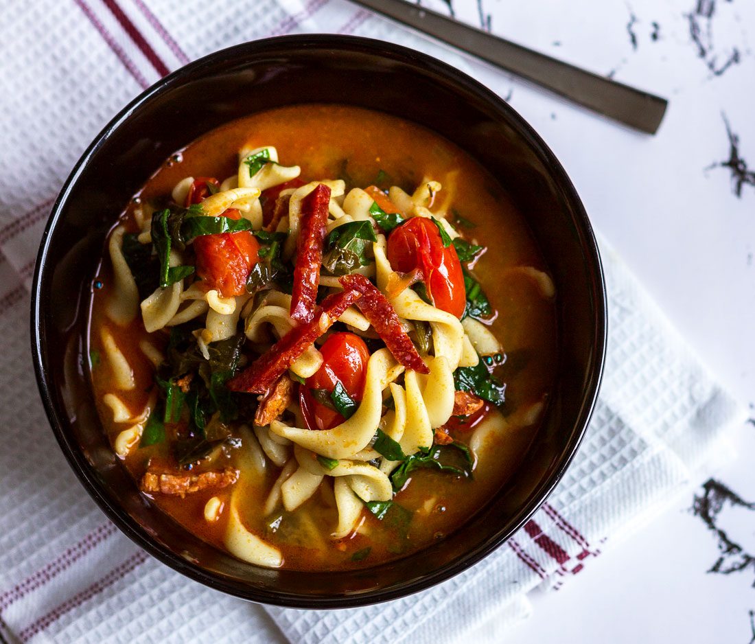 One-Pot Spinach Chorizo Pasta Soup