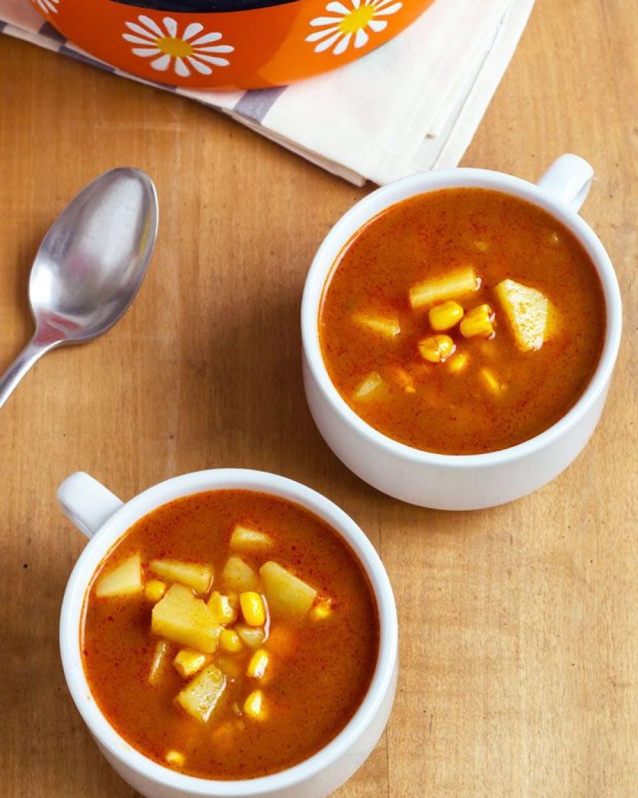 Spicy Potato Corn Chowder - #recipe by #eatwell101 - https://www.eatwell101.com/vegetarian-corn-potato-chowder