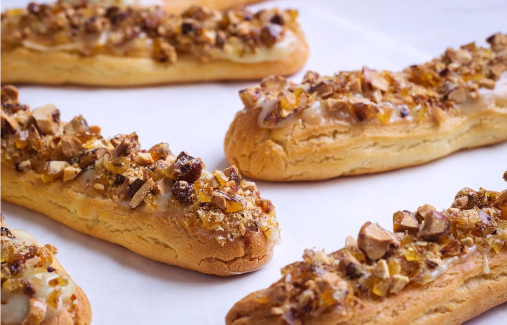 White Chocolate & Caramelized Almond Eclairs