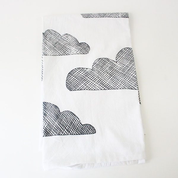 cross hatched print in black ink on white towel