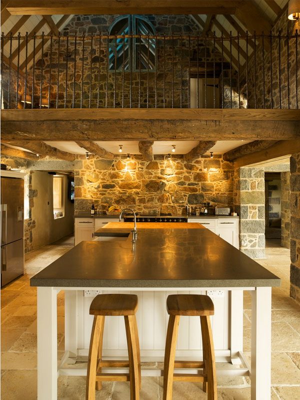 farmhouse kitchen under mezzanine