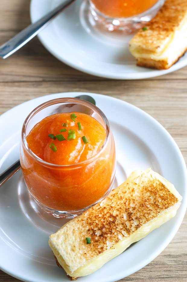 Creamy melon Soup Shooters with Grilled Cheese Sticks