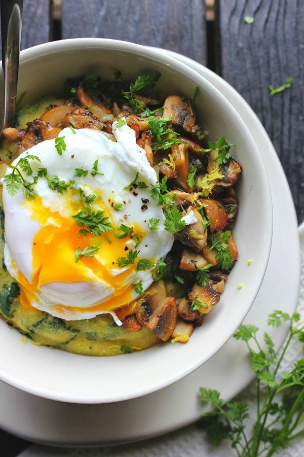 Poached Egg over Spinach Polenta bowl