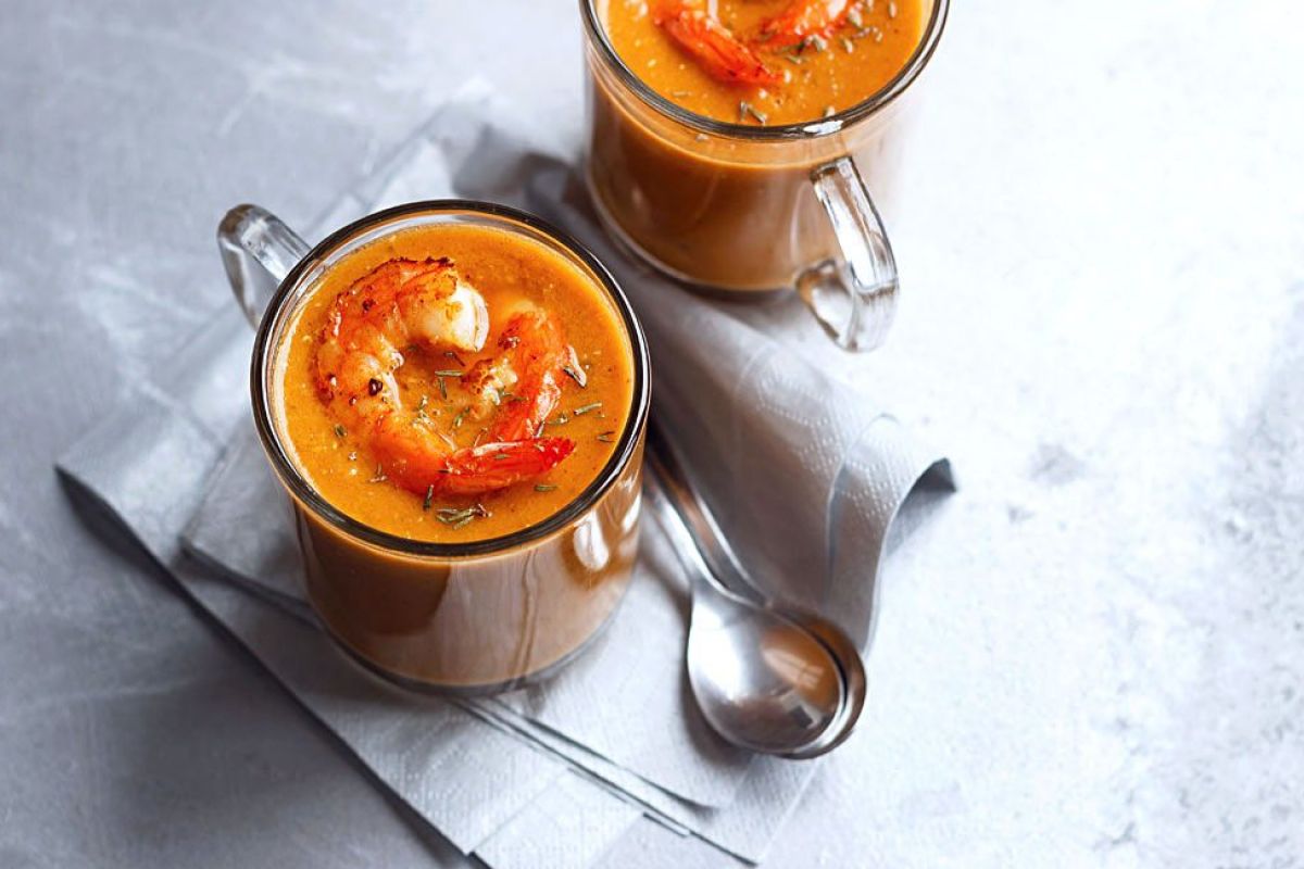 Spicy Red Lentil Soup with Grilled Shrimp