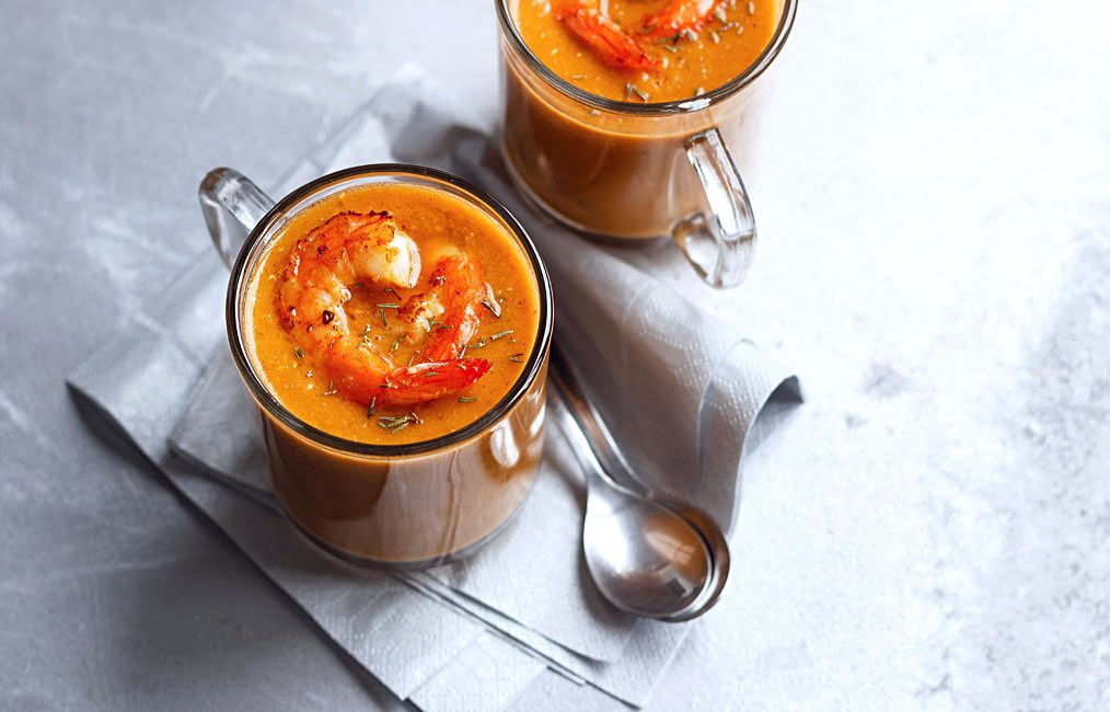 Spicy Red Lentil Soup with Grilled Shrimp