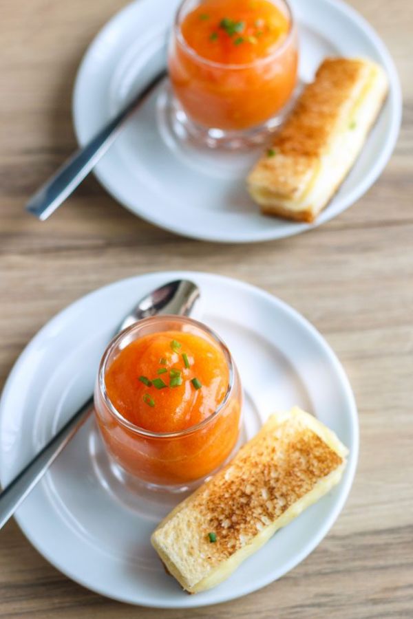 Sweet Cantaloupe Carrot Gazpacho Shooters - #recipe by #eatwell101 - https://www.eatwell101.com/melon-carrot-gazpacho-shooters-recipe