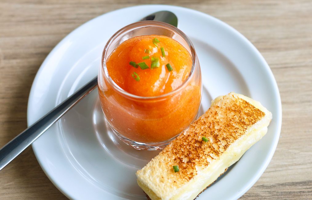 Creamy Tomato Soup Shooters with Mini Grilled Cheese, Vegan