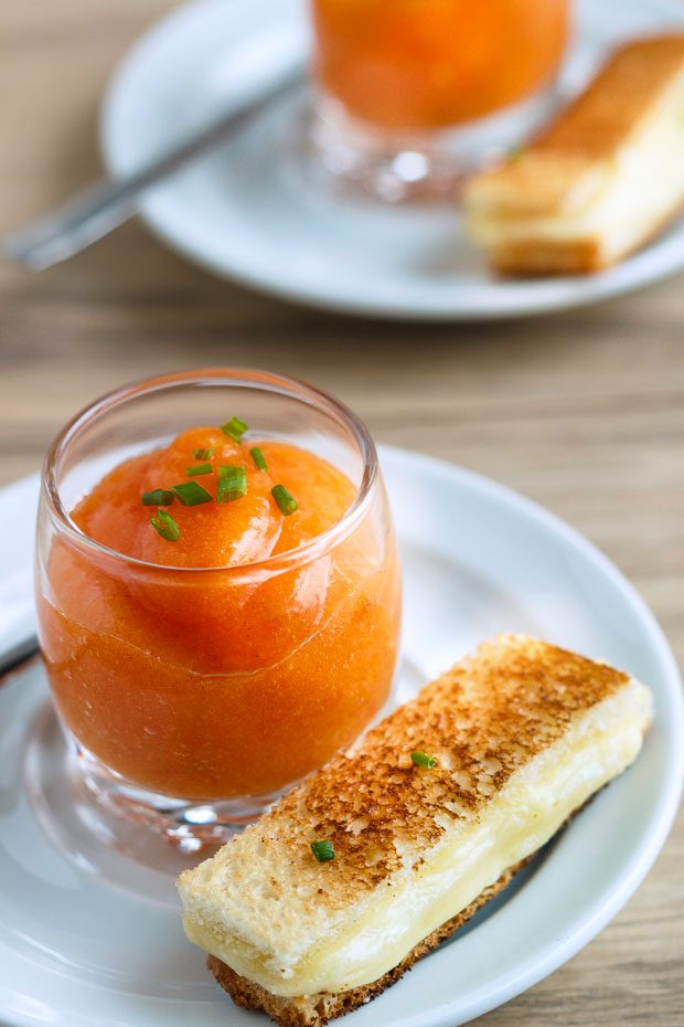 soup shooters with miniature grilled cheese