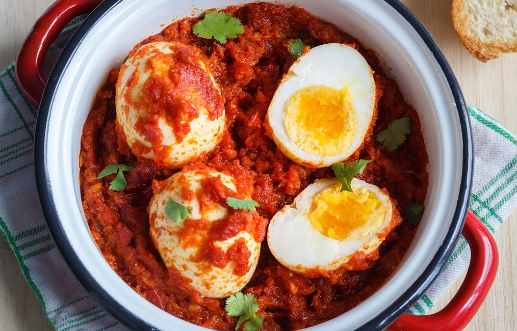 Fried Hard Boiled Eggs in Spicy Tomato Sauce