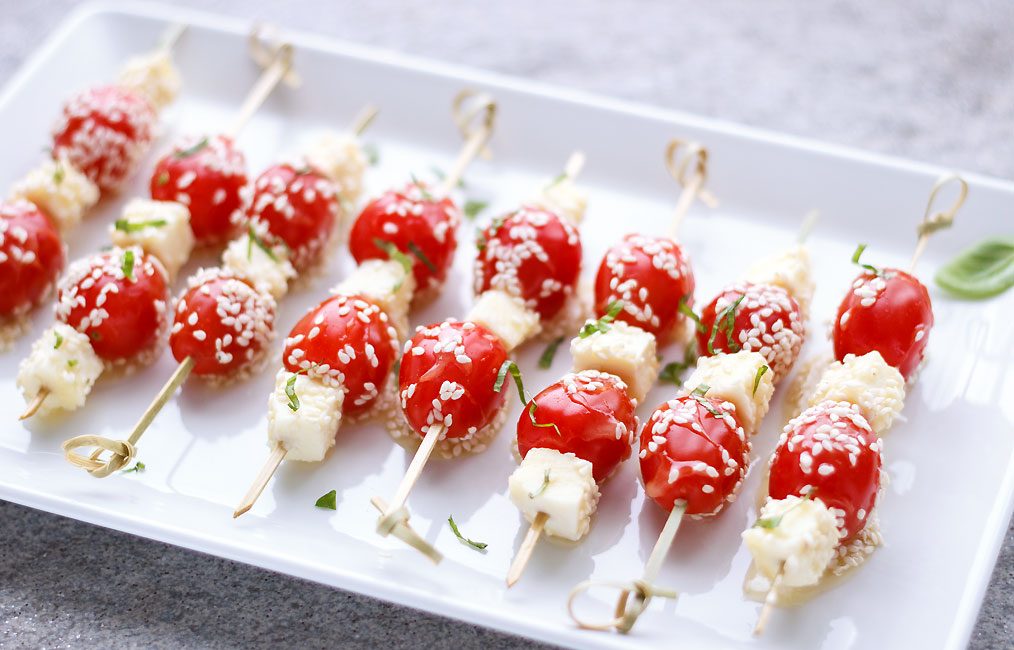 Caprese Salad Skewers with Honey and Sesame