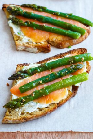 Cream Cheese, Asparagus and Salmon Tartines