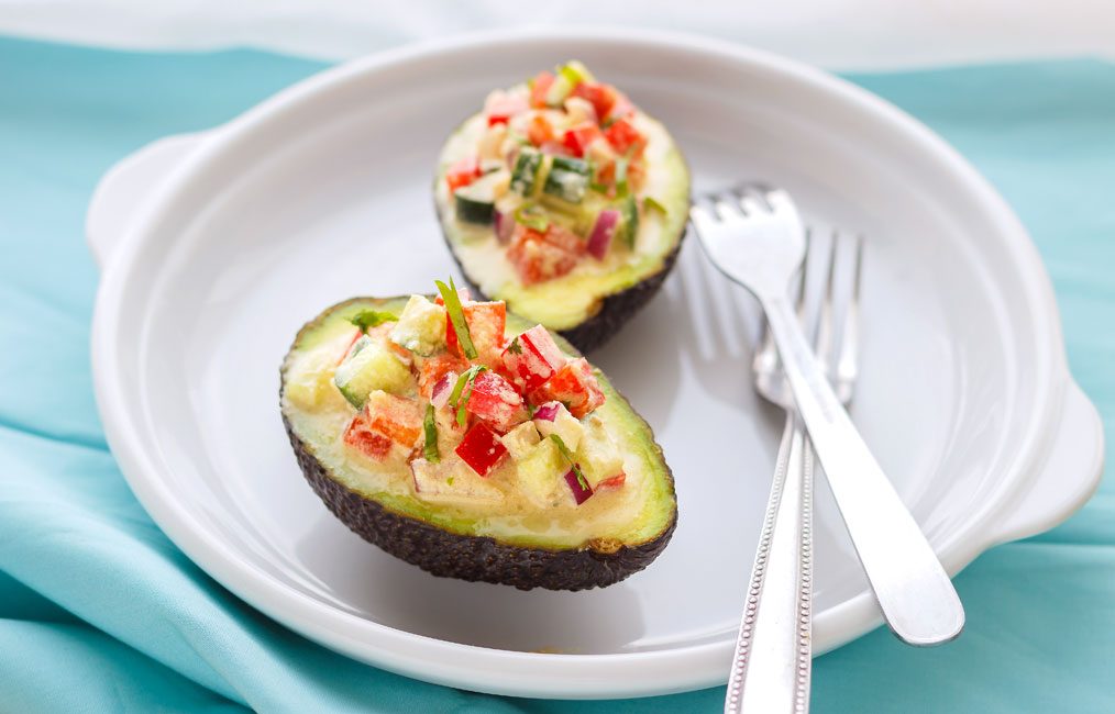 Tomato Cucumber Salad Stuffed Avocados with Thai Sauce