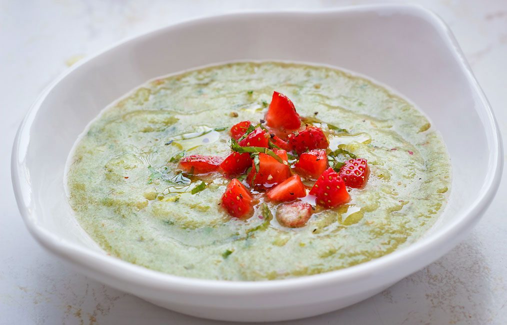 Chilled Green Tomato Soup with Strawberry Salsa
