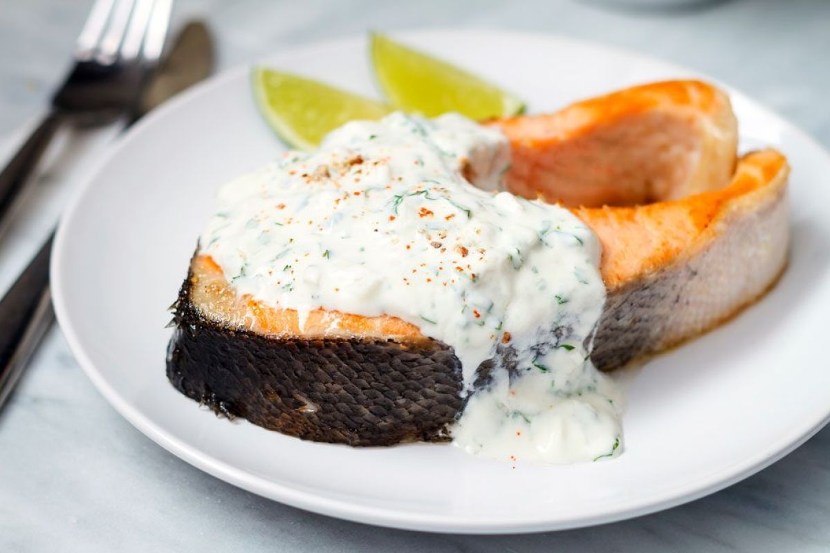 Grilled Salmon Steak with Cilantro Sauce