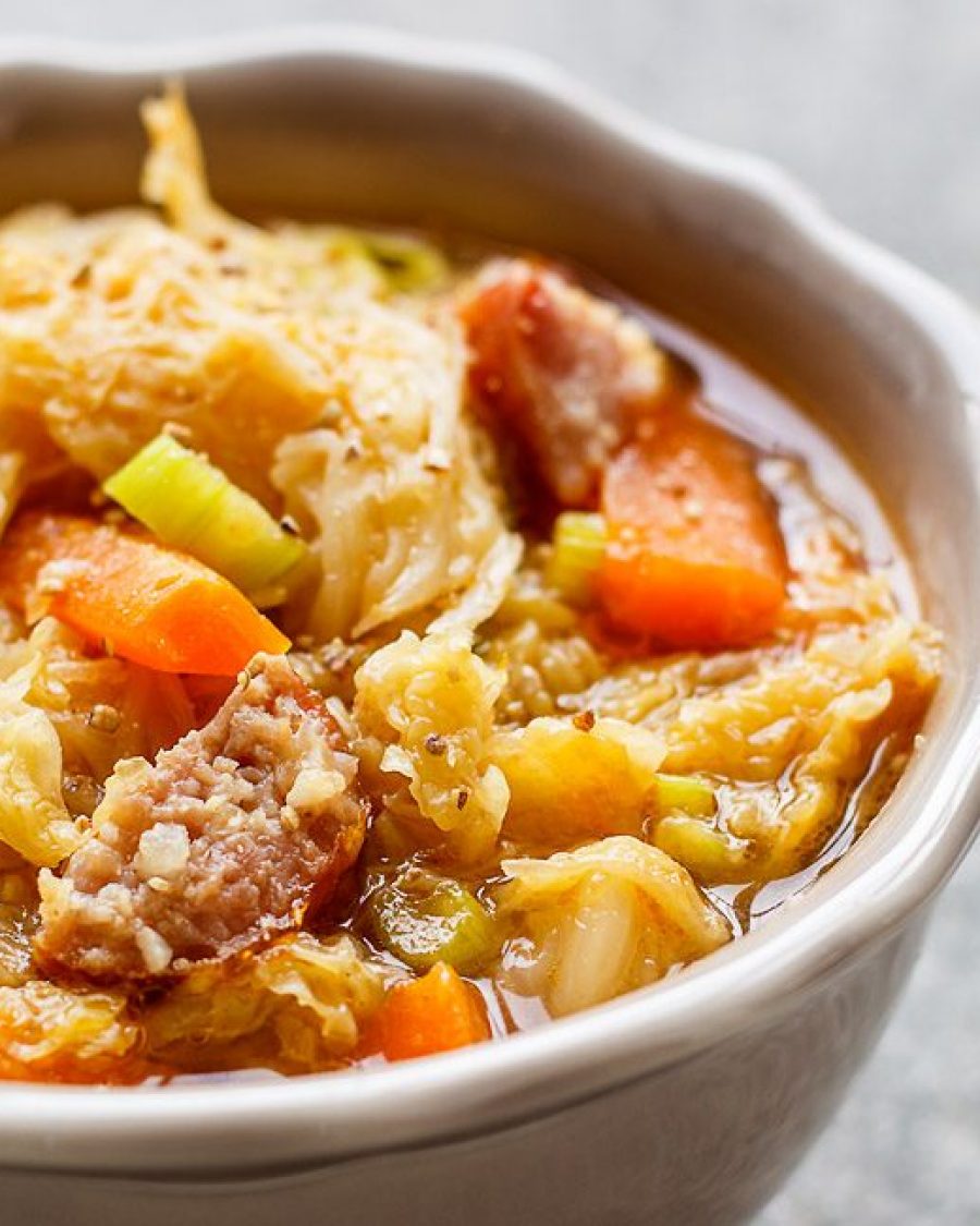 Braised Cabbage Soup with Smoked Sausage - #recipe by #eatwell101 - https://www.eatwell101.com/braised-cabbage-soup-with-smoked-sausage