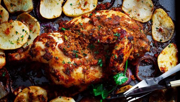 Sheet Pan Chicken and Potatoes - #recipe by #eatwell101 - https://www.eatwell101.com/simple-oven-roasted-chicken-recipe